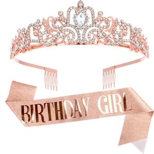 Detail of rose gold birthday crown with rhinestones and Birthday Girl satin sash