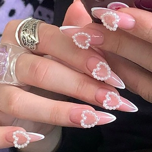 Almond Press On Nails White French Tips With Artificial Pearl Heart Design Elegant Sweet Removable Artificial Fake Nails