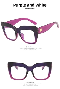 Detail of square cat-eye glasses with purple gradient frame and gold rivet accents