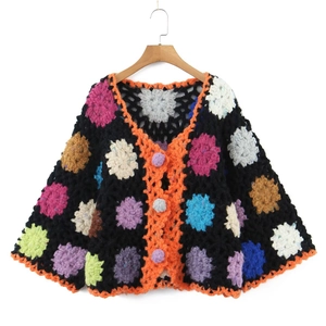 Handmade Crochet Cardigan Colorful Floral Hollow Out V Neck Bohemian Knit Sweater Long Sleeve Women Fashion