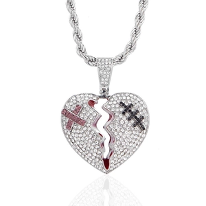 Collier hip hop avec pendentif cœur brisé, pierres colorées et chaîne torsadée