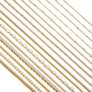 18K gold plated chain necklace set featuring Figaro, Cuban, and box link jewelry designs