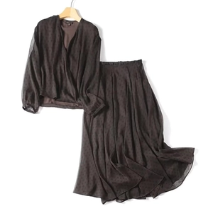 Damen Polka Dot Chiffon V Ausschnitt Langarm Oberteil Und Maxi Rock Schickes Lässiges Streetwear Outfit