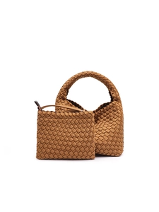 Caramel woven bucket bag set with large capacity and matching zippered pouch