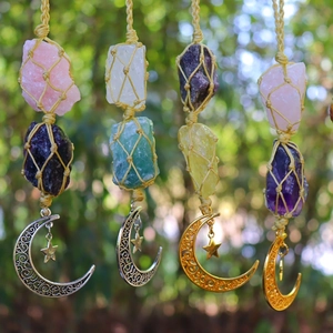 Handmade moon and star crystal hanging decor with woven natural raw stone net pendants