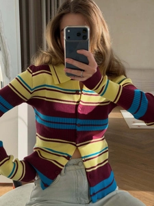 Retro slim-fit striped knit cardigan with polo collar and multi-color horizontal stripes