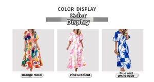 Detail view showing three floral print patterns for the V-neck puff sleeve maxi dress