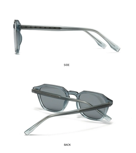 Side and back view of round polarized sunglasses with translucent grey-blue frames
