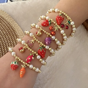 Sweet Fruit Strawberry Cherry Pendant Bracelet Faux Artificial Pearl Gold Plated Beaded Jewelry For Women Girls Cute Pastoral Style