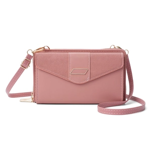 Pink PU leather crossbody phone bag featuring a metal flip cover and layered zipper pockets