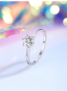 Macro shot of 5mm Moissanite ring detail showing six-prong setting and S925 hallmark