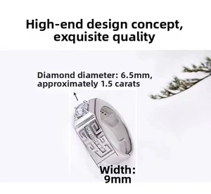 Detailed view of 9mm wide silver ring with Greek key patterns and 1.5ct center stone