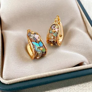 Vintage U-Shaped Hoop Earrings Gold Plated Copper With Mother Of Artificial Pearl Zircon And Silver Earring Post Retro Women Jewelry