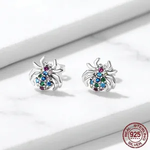 Elegant S925 sterling silver spider stud earrings with colorful zircon gemstones