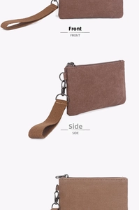 Detailed front and side views of a brown canvas coin purse with a sturdy fabric wristlet