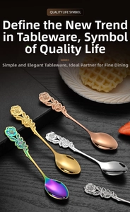 Detailed view of rose-engraved stainless steel dessert spoons in four metallic finishes
