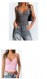 Detail of V-neck lace trim on a Y2K style grey and pink camisole vest top