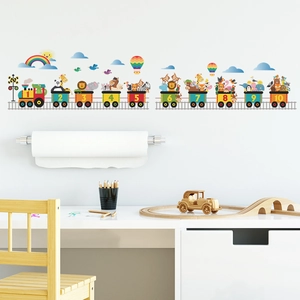 Cartoon animal train wall decals for nursery with numbers one to ten and rainbow
