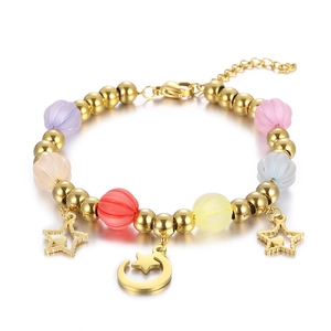 Colorful beaded titanium steel bracelet with gold beads and star charms on white background
