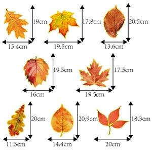 Set of 8 autumn maple leaf window stickers with detailed dimensions for party decoration