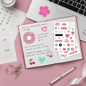 Cute cartoon stationery stickers with heart and cherry patterns for DIY journals