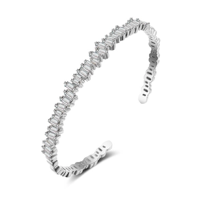 Adjustable silver cuff bracelet with geometric emerald-cut cubic zirconia stones