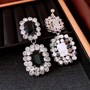 Vintage French palace style square black gemstone earrings with sparkling crystal halo