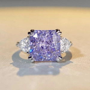 Radiant cut lavender purple zircon ring in S925 sterling silver with side stones