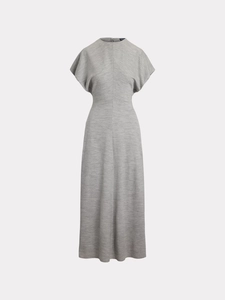 Elegant grey short sleeve midi dress with ruched waist and minimalist high neckline