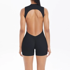 Close-up of black backless yoga bodysuit featuring scrunch butt lifting detail