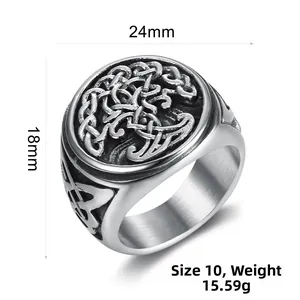 Detailed view of Tree of Life engraving on a vintage steel ring, width 24mm size 10