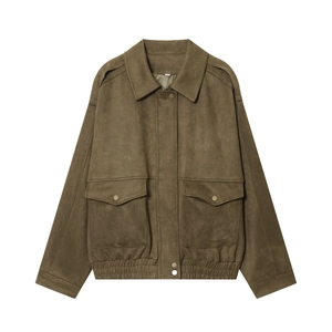 Brown faux suede jacket with large lapels and front utility pockets on a white background