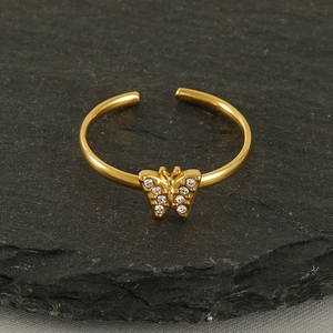 18k gold plated stainless steel butterfly open ring with sparkling crystal zircons