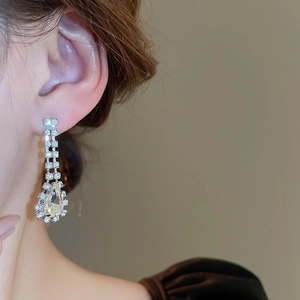 Detailed view of silver crystal water drop tassel earrings worn by a model