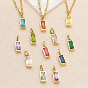 Birthstone Necklace Stainless Steel 18K Gold Plated Rectangle Gemstone Pendant Minimalist Fashion Jewelry For Women