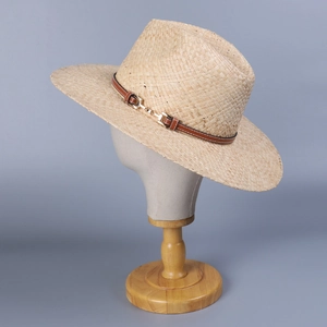 Breathable raffia jazz fedora hat with elegant brown leather strap and gold buckles