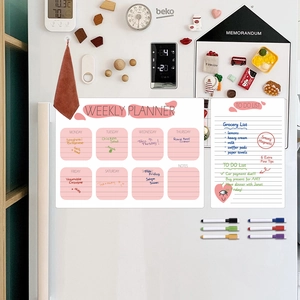 Magnetic weekly planner and memo board set with 6 colorful pens on white refrigerator