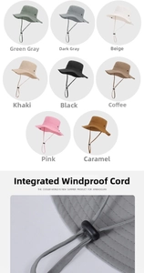 Detail view of colorful waterproof sun hats with adjustable windproof drawstring cords