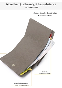 Detail view of leather wallet interior showing 6 card slots and a large bill compartment