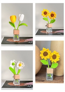 Handmade crochet sunflower and tulip in glass bottle for car aromatherapy and home decor