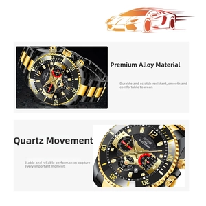 Macro detail of the NOTIONR black and gold chronograph watch with alloy steel band