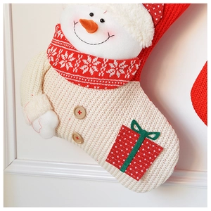 Detail of knitted Christmas stocking with 3D plush snowman and wooden button accents