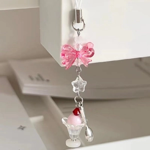 Pink ice cream soda phone charm with acrylic bow, star beads and silver spoon pendant