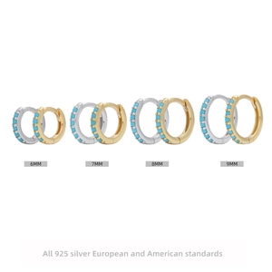 925 Sterling Silver Round Hoop Earrings Minimalist Zirconia Turquoise Inlaid Geometric Piercing Ear Buckles Unisex Jewelry Gift