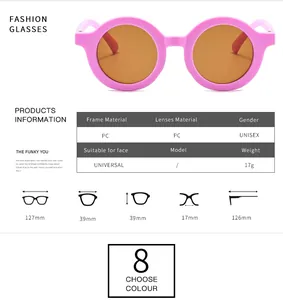 Size chart showing PC frame round sunglasses dimensions for kids with UV400 protection