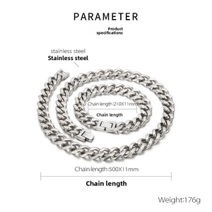Detailed specs of stainless steel Cuban chain set with necklace and bracelet sizes