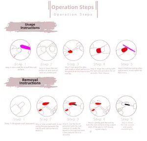 Visual guide for applying and removing press-on nails with step-by-step illustrations