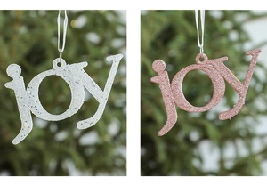 Close-up of glittery joy letter ornaments in silver and rose gold for Christmas trees