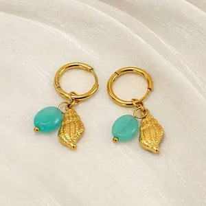 Orecchini A Cerchio Con Conchiglia E Perla Di Turchese Naturale Acciaio Inossidabile Placcato Oro 18K Per Donna Estate Spiaggia