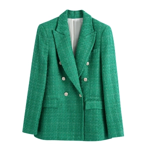 Women Double Breasted Tweed Blazer Jacket Vintage Commuter Plaid Long Sleeve Notch Lapel Suit Coat For Office Lady Streetwear